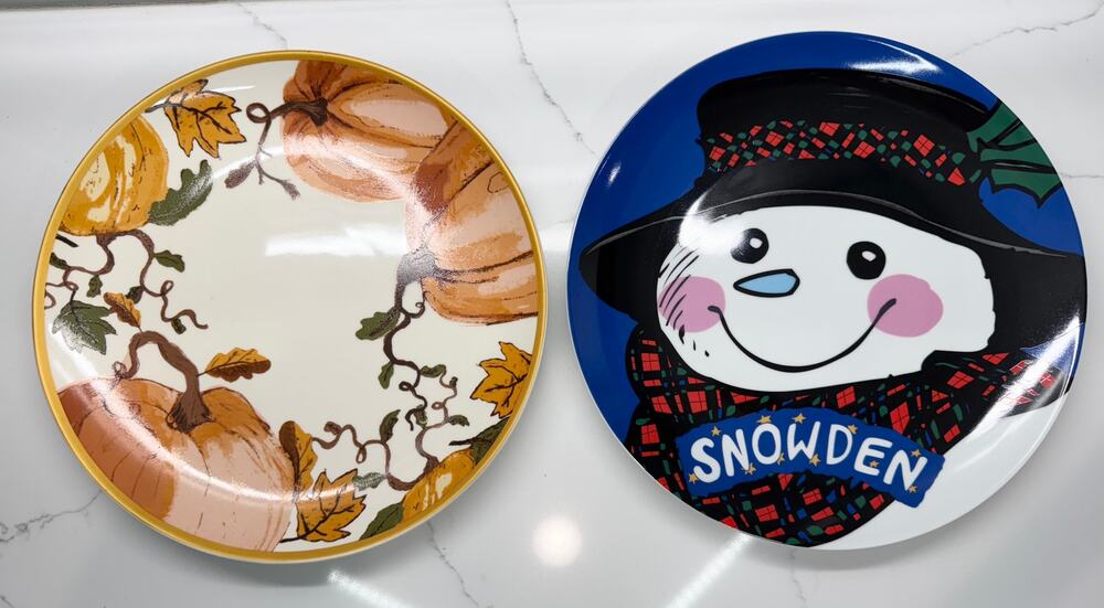 LOT OF 2 - Snowman (Snowden) & Fall Pumpkin Decorative Holiday Plates